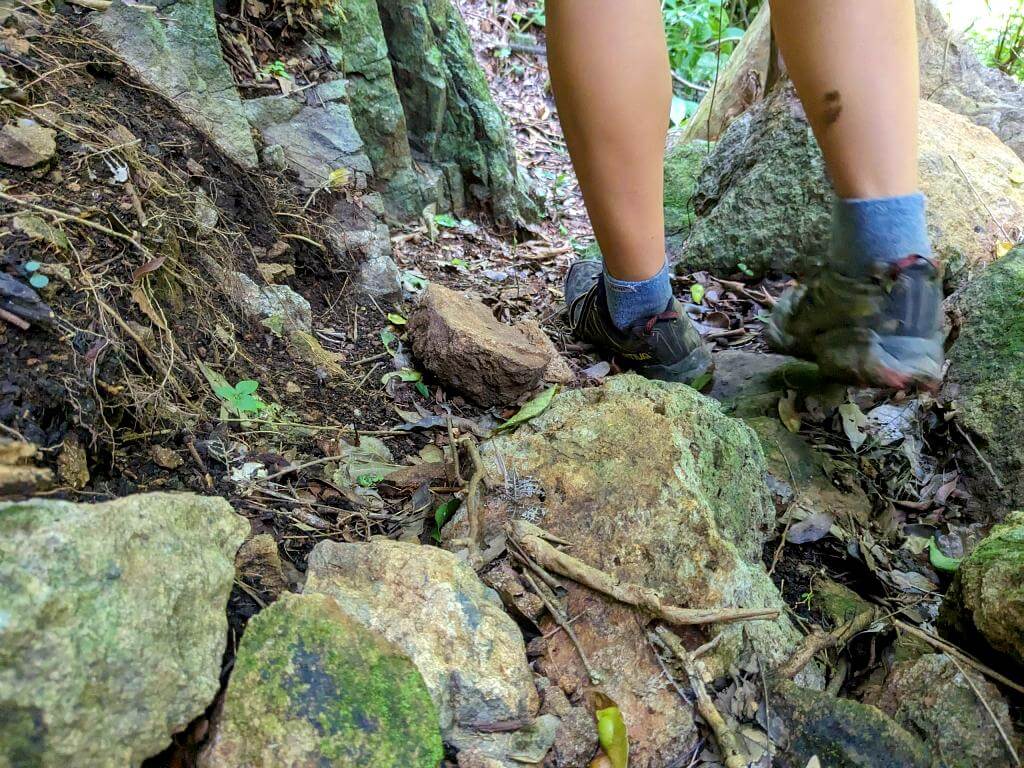 Close-up view of uneven trail terrain with hikers passing by at the Boquerones Hike.