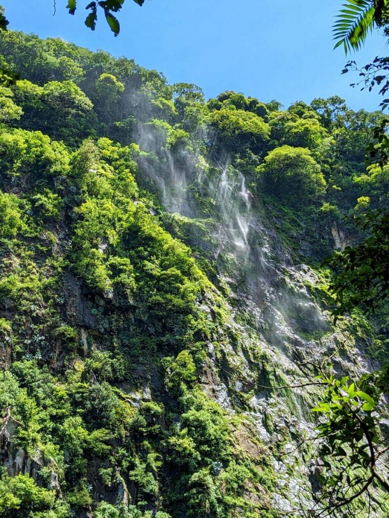 Detail of misty cascades at Boquerones, spraying and hydrating the cliffside vegetation.