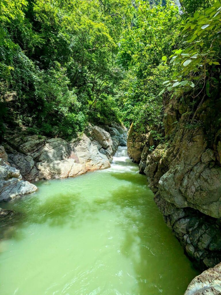 Natural pool within the Aranjuez river canyon surrounded by lush forest and white-greyish rocks in Bajo Caliente, Puntarenas.