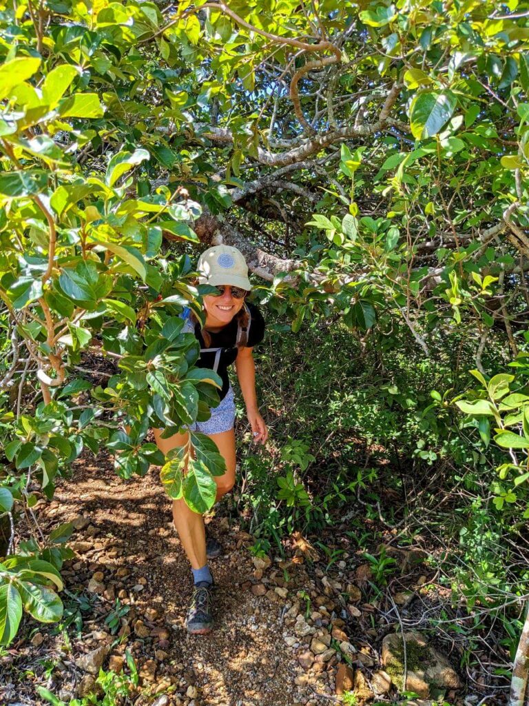 Hikers ducking under branches amid dense vegetation on the El Encanto trail, a test for seasoned adventurers.