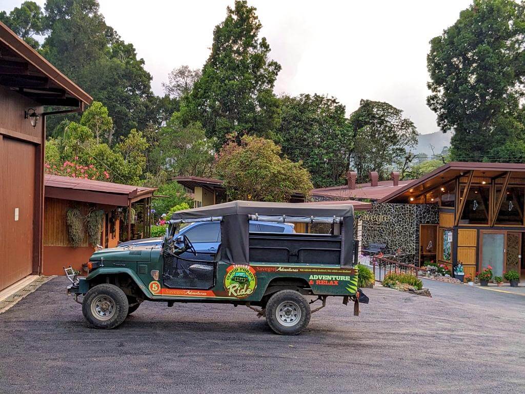 Adventure 4x4 safari car parked at the Savegre Hotel in San Gerardo de Dota, Costa Rica.