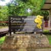 Sign marking the Puerto Vargas sector and ranger station of Cahuita National Park.