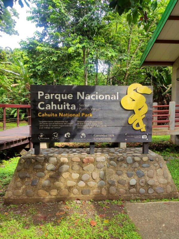 Sign marking the Puerto Vargas sector and ranger station of Cahuita National Park.