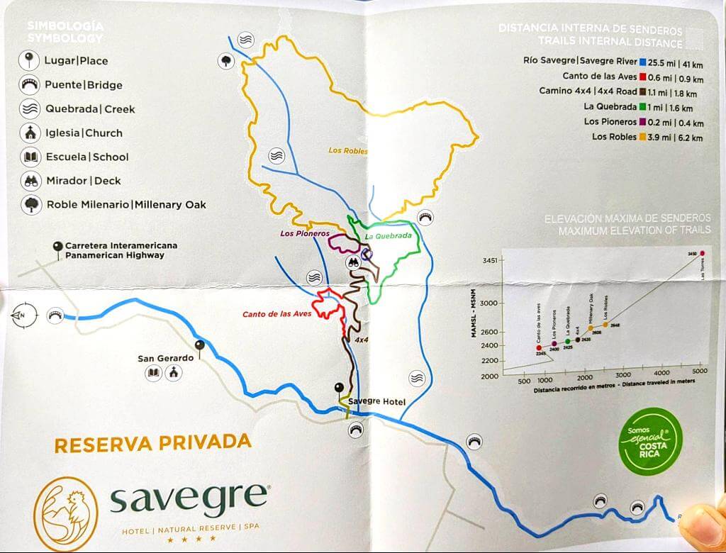 Illustrated map of trails within the Savegre Private Reserve in San Gerardo de Dota.