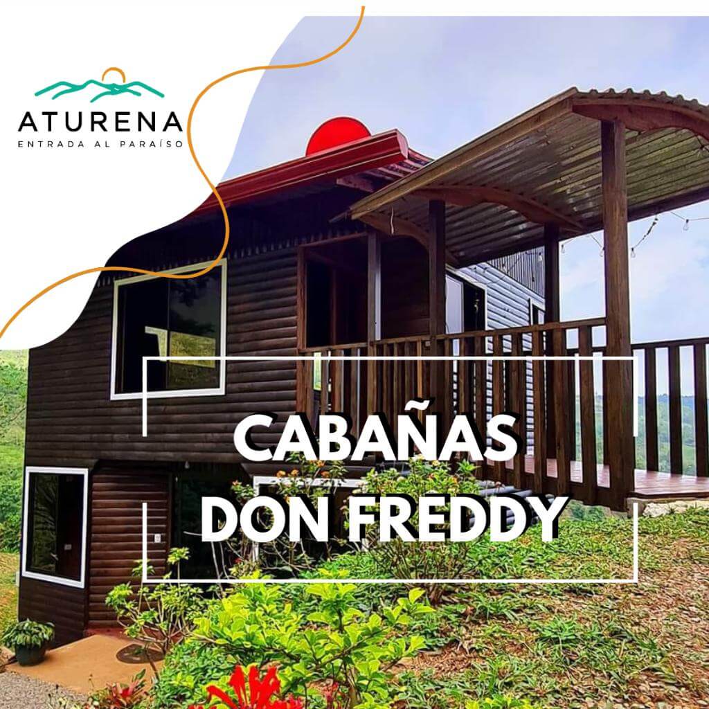 Wooden cabin, 'Cabañas don Freddy,' with picturesque views and lush green surroundings