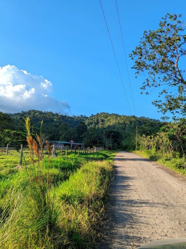 Dirt road leading to mountains in rural Bijagua