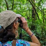Woman using binoculars to explore the lush rainforest near Bijagua, Costa Rica, offering plenty of opportunities to learn and discover new species from the rainforest and tropics.