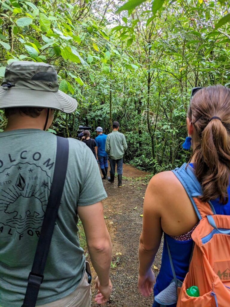 Group of travelers exploring the rainforest and its trails near Bijagua and Tenorio National Park at Tapir Valley.