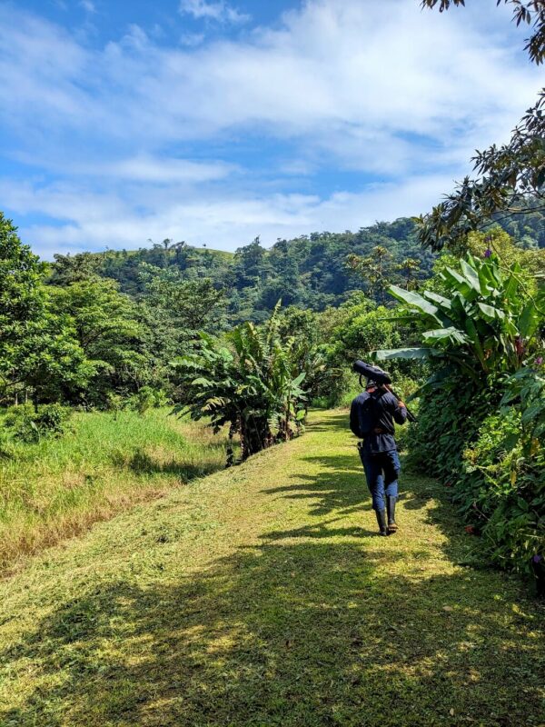 Tour guide in proper attire (including rubber boots and telescope) leads a group on a well-marked trail through the lush rainforest of Tapir Valley Nature Reserve, near Bijagua, Costa Rica. Sunlight peeks through the verdant canopy