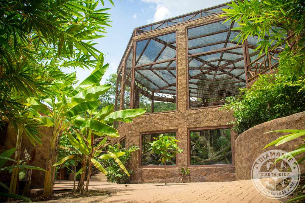Modern building surrounded by vegetation in the natural park, creating a harmonious contrast.