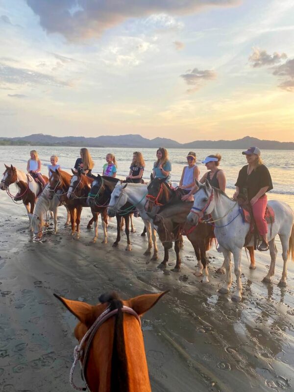 Group hanging out on the beach, waiting to start their horseback riding tour, with a sense of tranquility in the air.