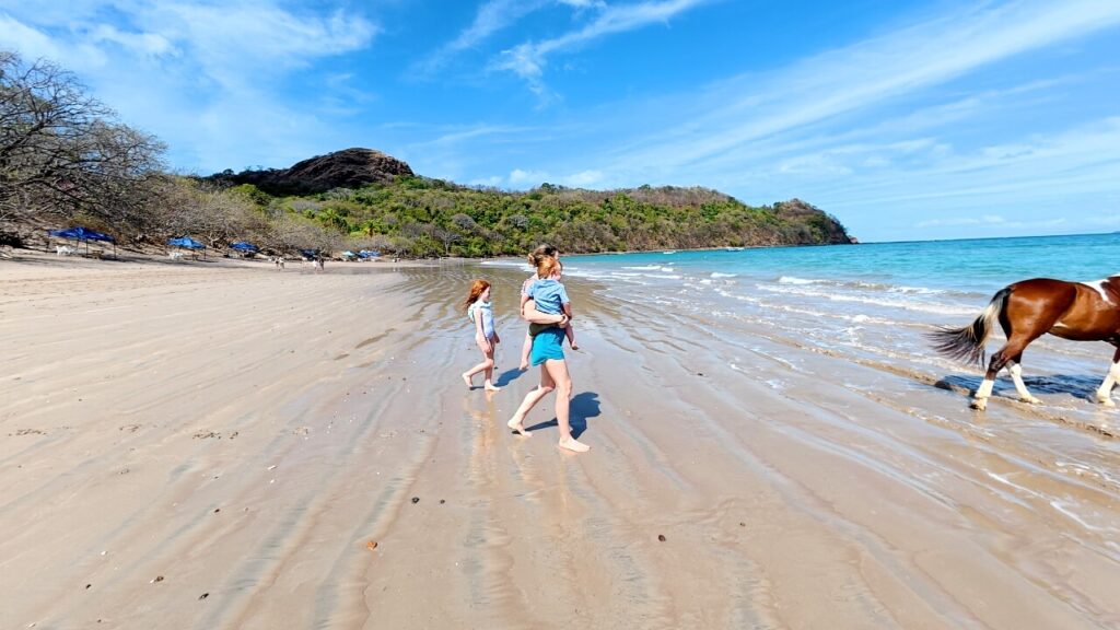 Family walking barefoot on sandy beach as tour guides lead horses into the Pacific Ocean near Conchal Beach in Guanacaste, Costa Rica